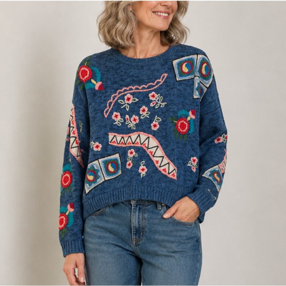Carole Little Vintage 80's Knit Sweater Flowers Embroidery Blue Medium